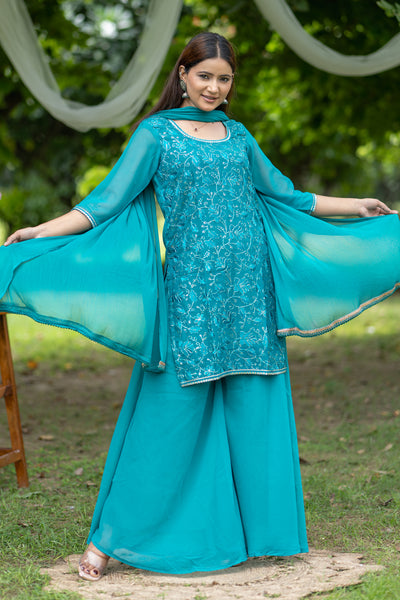 Embroidered Turquoise Georgette Kurta Set with Flared Pants & Dupatta