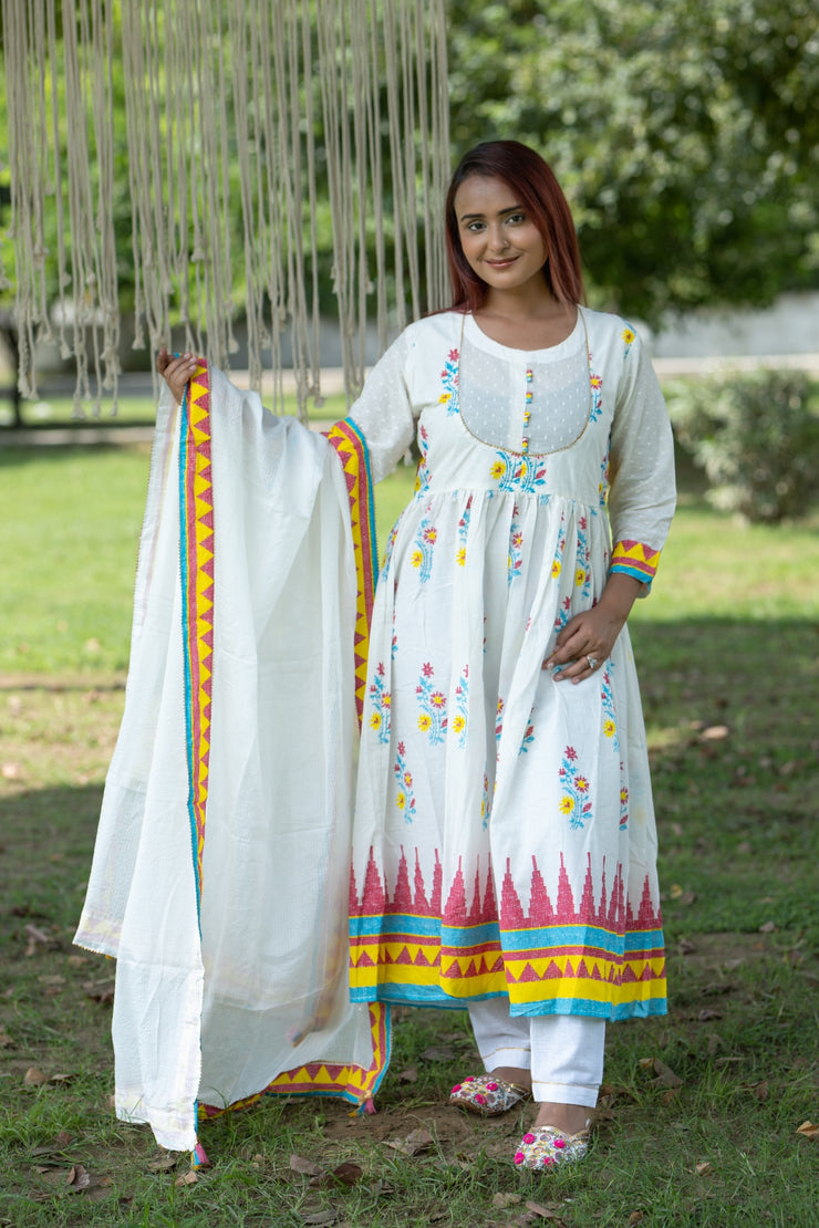 Handmade White Cotton Anarkali Gown Kurti Pant Dupatta Set - Women's Floral Print Ethnic Wear