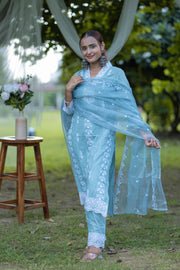 Vibrant Carolina Blue Embroidered Cotton Suit