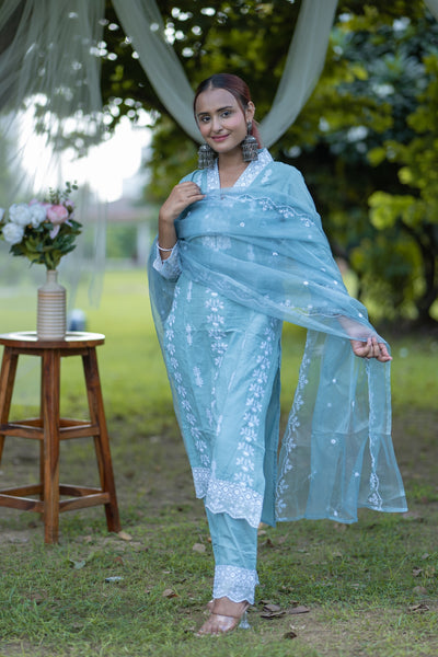 Vibrant Carolina Blue Embroidered Cotton Suit