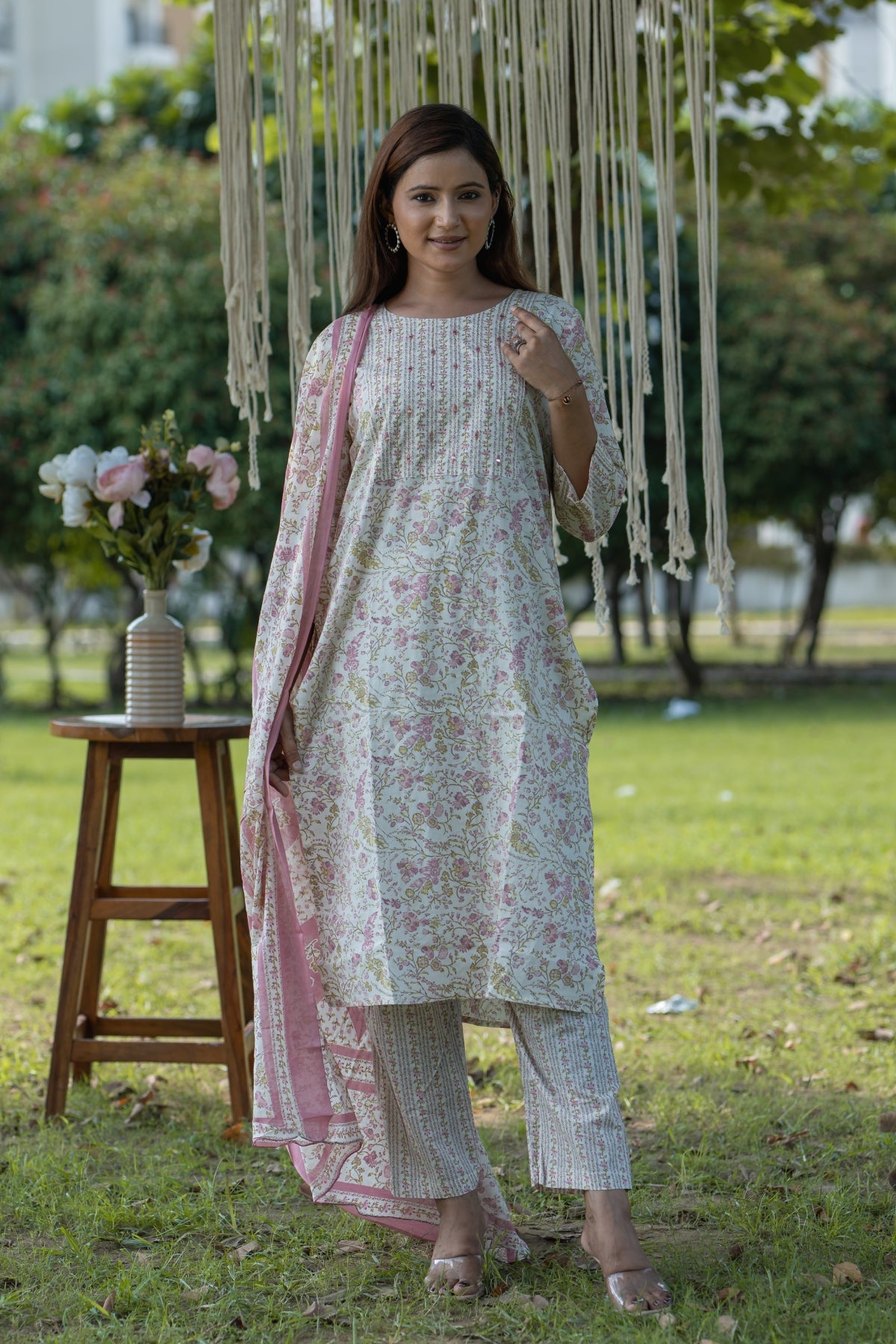 Pink Cotton Printed Anarkali Kurti Pant Dupatta Set - Women's Ethnic Wear