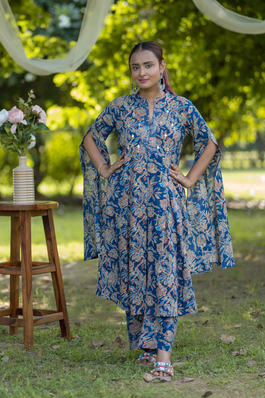 Blue Floral Printed Cape-Style Cotton Kurta Set