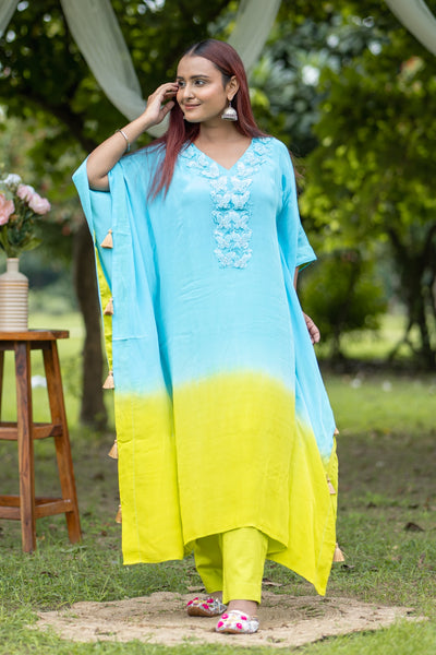 Elegant Tie-Dye Blue & Lime Kaftan Set with Embroidered Detail