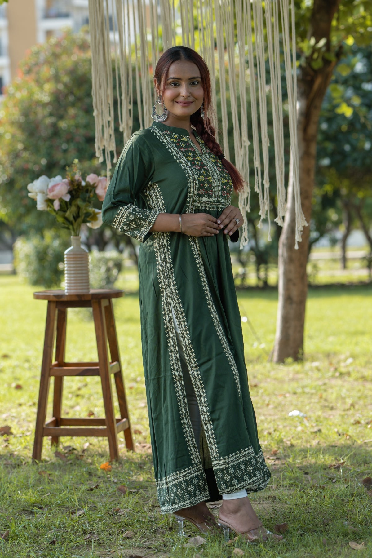 Women's Embroidered Viscose Rayon Anarkali Suit & Pant - Dark Green