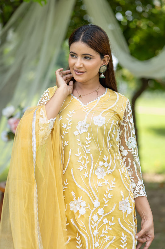 Bright Yellow Embroidered Kurta Set with Sheer Dupatta