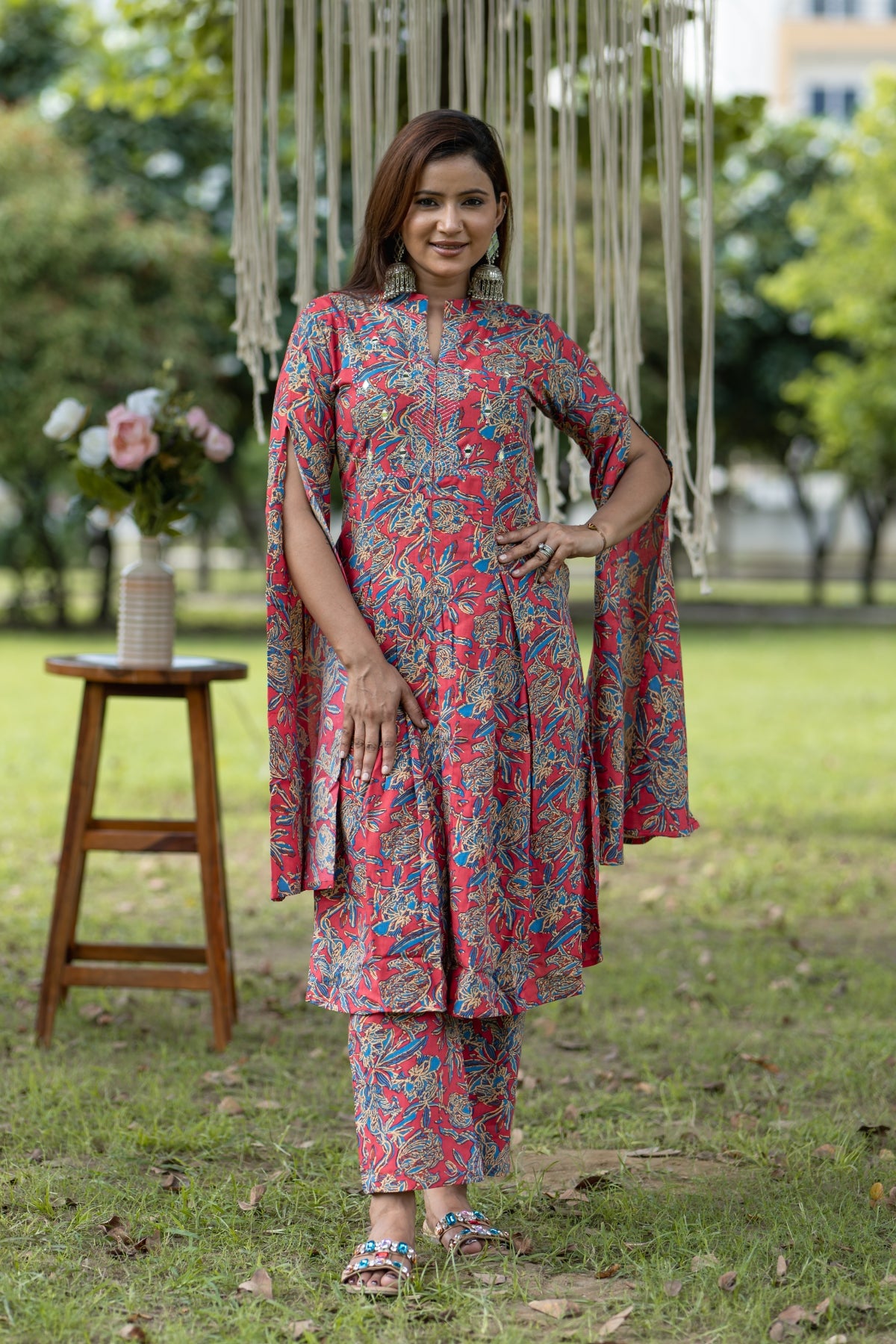 Red Floral Printed Cape-Style Cotton Kurta Set