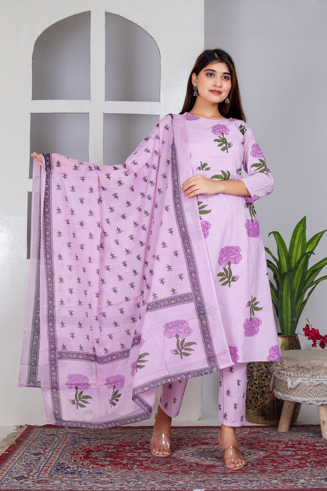 Purple Hand Block Floral Printed Pure Cotton Kurti Pant Set with Dupatta