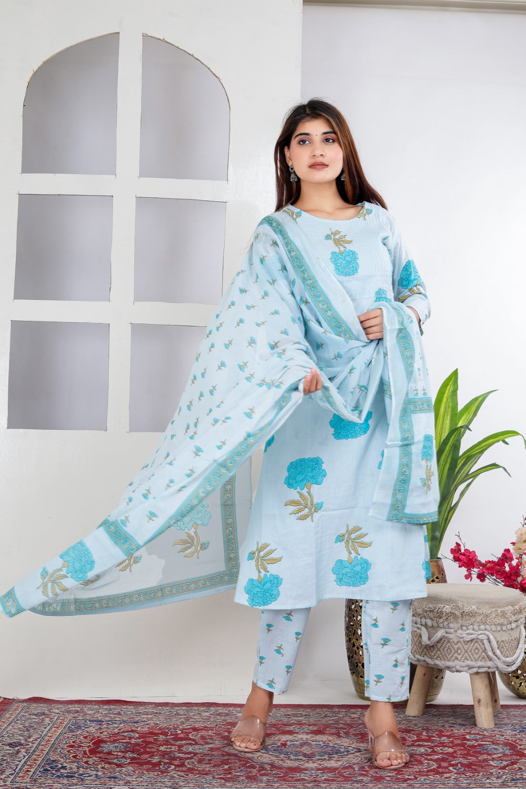 Light Blue Hand Block Floral Printed Pure Cotton Kurti Pant Set with Dupatta