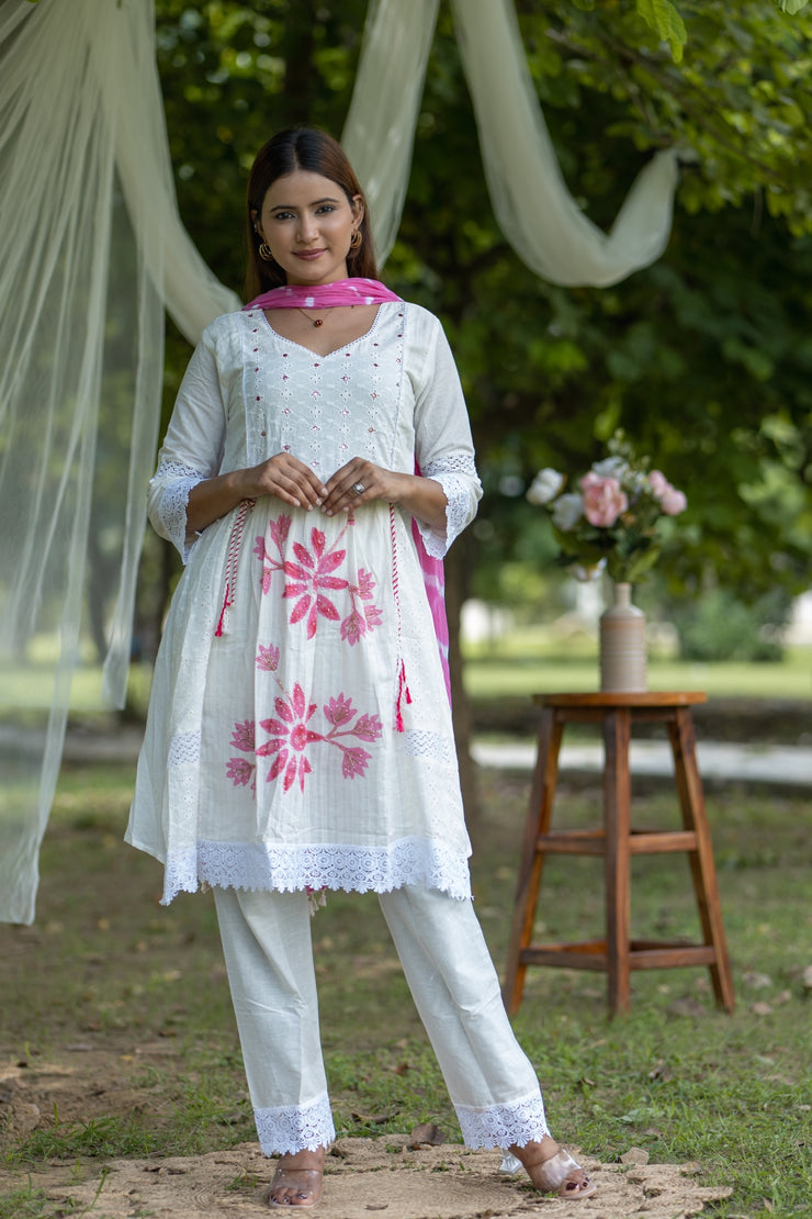 Soft White Floral Embroidered Cotton Kurta Set with Pink Accents