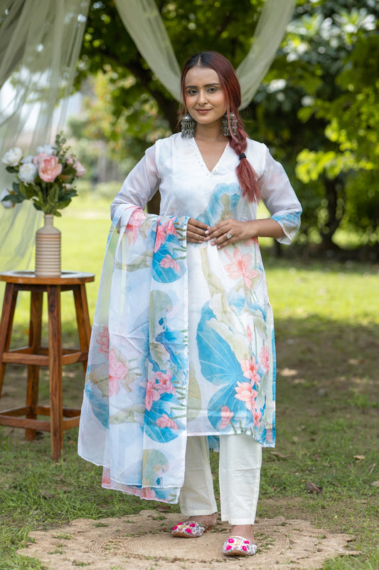 Digital Print Pure Organza Suit with Embroidery Border - Premium 3-Piece Set