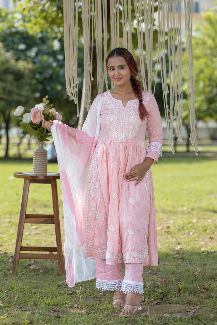 Soft Pink Embroidered Cotton Anarkali Suit