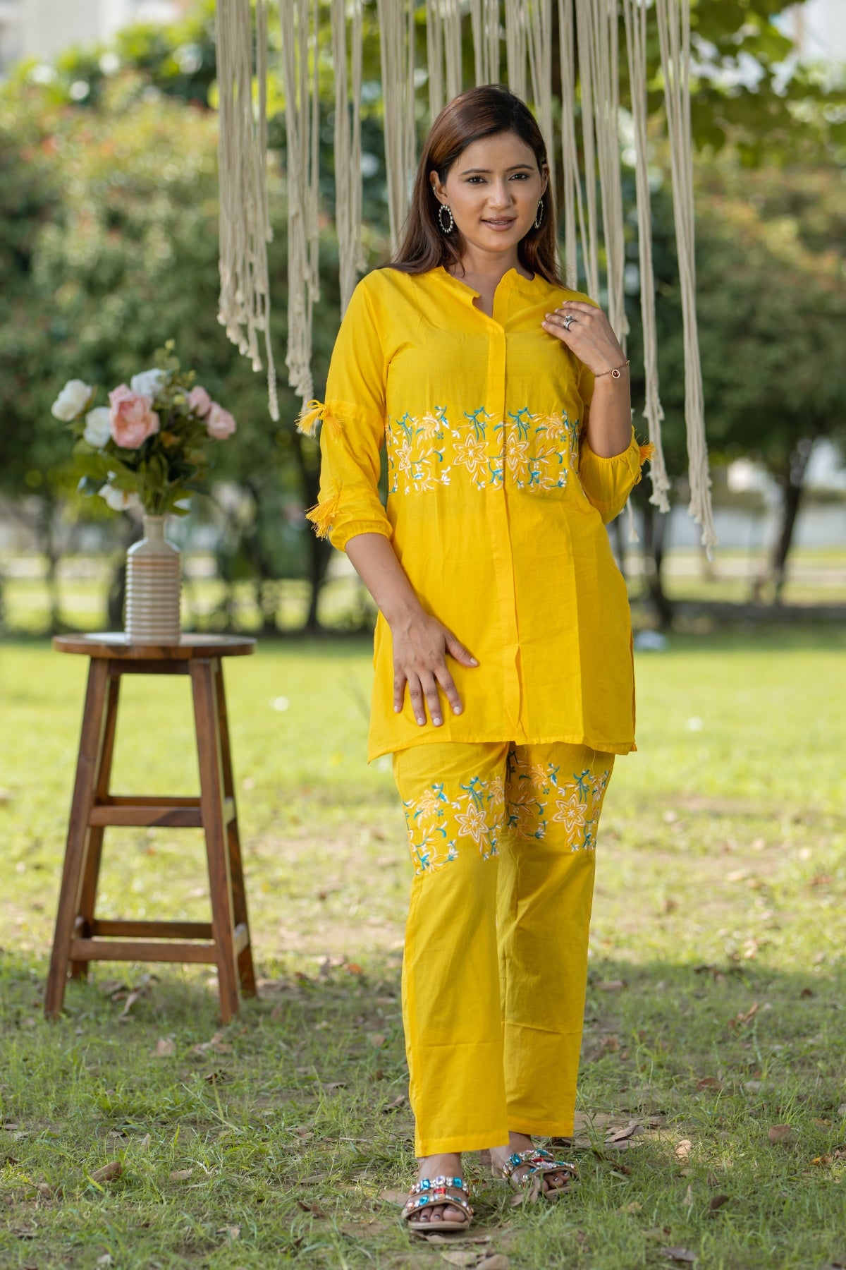 Vibrant Yellow Cotton Embroidered Coord Set