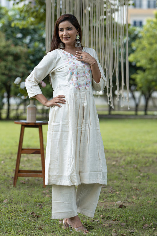 Elegant Khadi Cotton Kurti with Embroidered Yoke and Palazzo Set - Women's Ethnic Wear