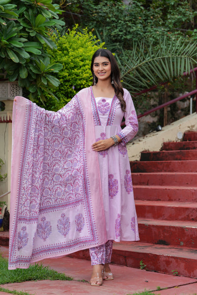 Block Printed Purple Cotton Straight Suit with Embroidered Neck Detailing