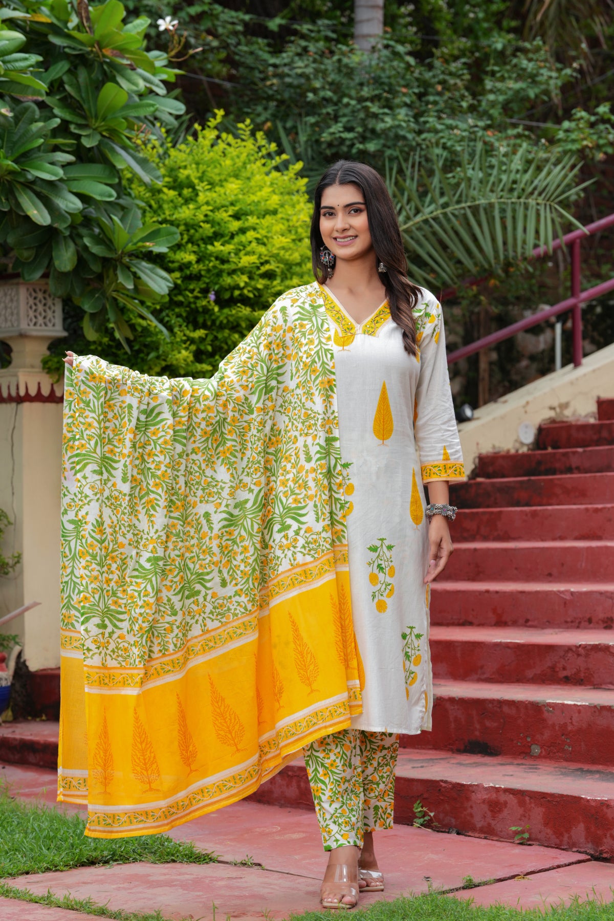 Yellow Cotton Floral Boota Printed Kurta Set with Mulmul Dupatta