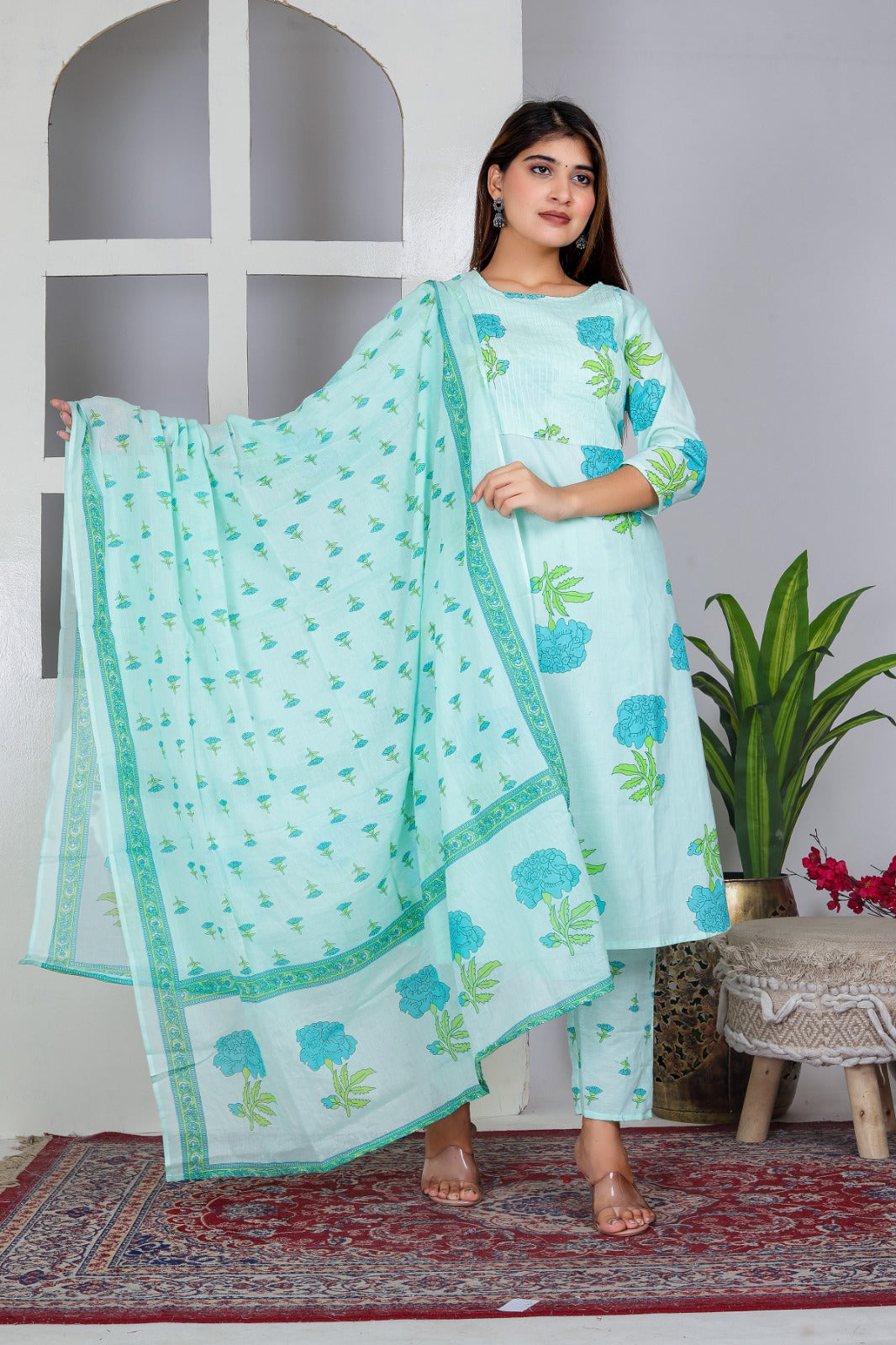 Light Green Hand Block Floral Printed Pure Cotton Kurti Pant Set with Dupatta