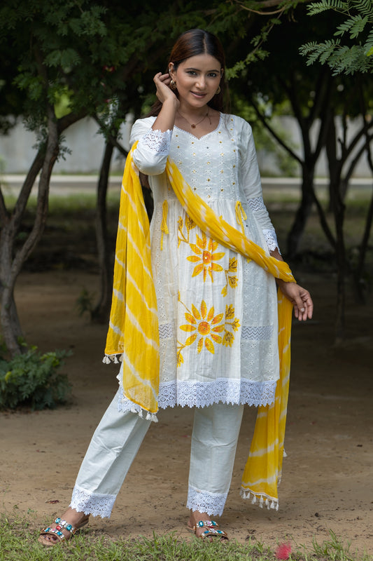 Soft White Floral Embroidered Cotton Kurta Set with Yellow Accents