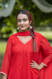 Elegant Red Embroidered Traditional Kurta Set with Potli Bag