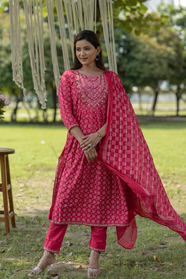 Dark Pink Bandhani Print Cotton Anarkali Kurta with Trouser & Dupatta Set