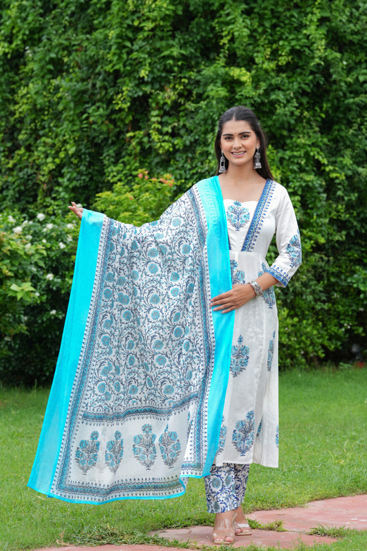 Block Printed White & Blue Cotton Straight Suit with Embroidered Neck Detailing