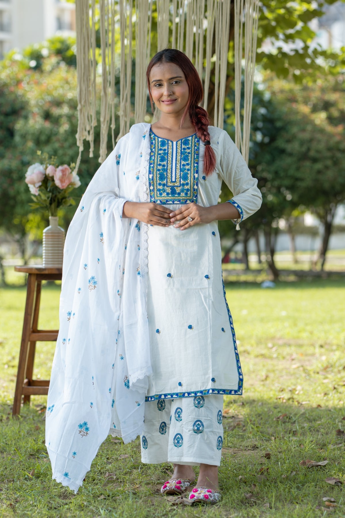 Off-White Floral Embroidered Cotton Kurta Palazzo Dupatta Set for Women