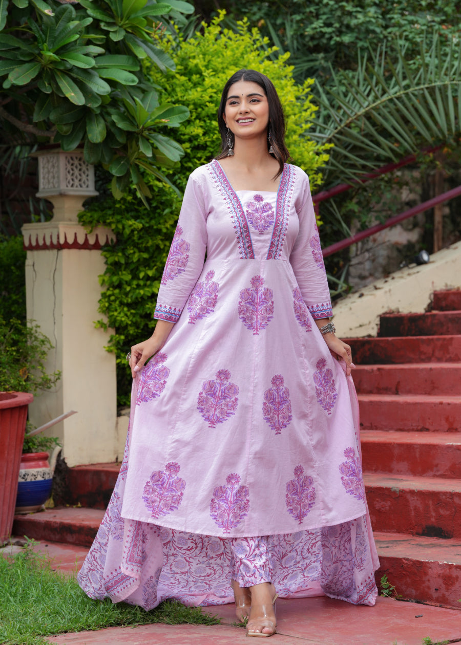 Block Printed Purple Cotton Straight Suit with Embroidered Neck Detailing