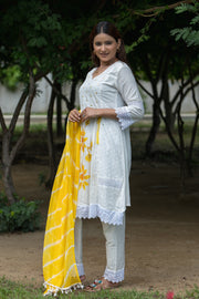 Soft White Floral Embroidered Cotton Kurta Set with Yellow Accents