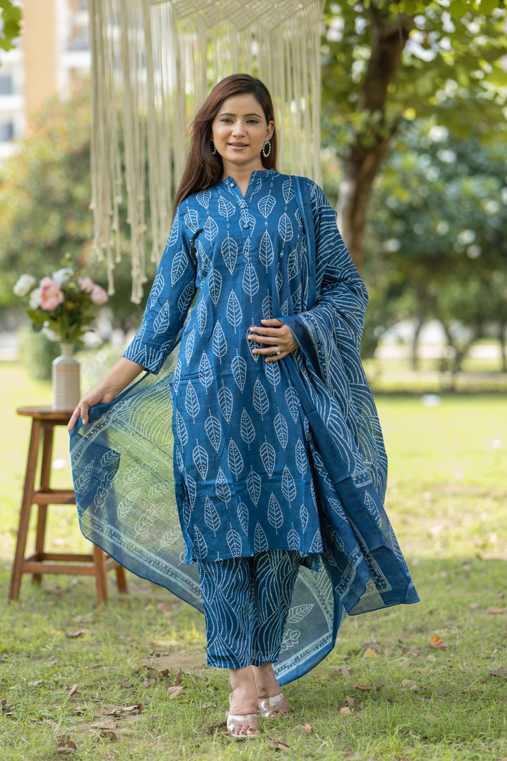 Women's Silk Blend Printed Straight Kurta Pant With Dupatta - Blue