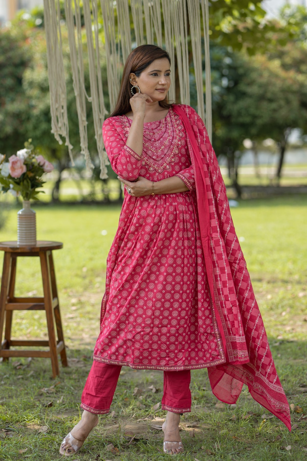 Dark Pink Bandhani Print Cotton Anarkali Kurta with Trouser & Dupatta Set