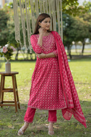 Dark Pink Bandhani Print Cotton Anarkali Kurta with Trouser & Dupatta Set