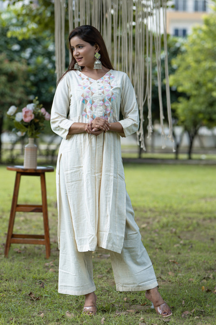 Elegant Khadi Cotton Kurti with Embroidered Yoke and Palazzo Set - Women's Ethnic Wear