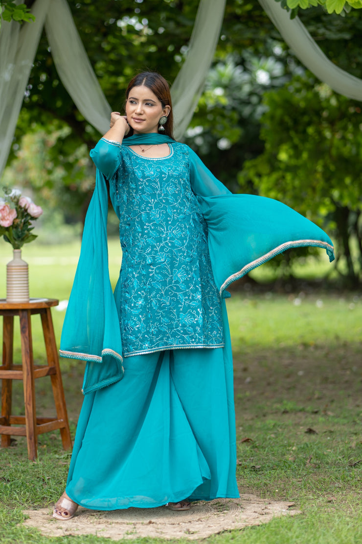 Embroidered Turquoise Georgette Kurta Set with Flared Pants & Dupatta