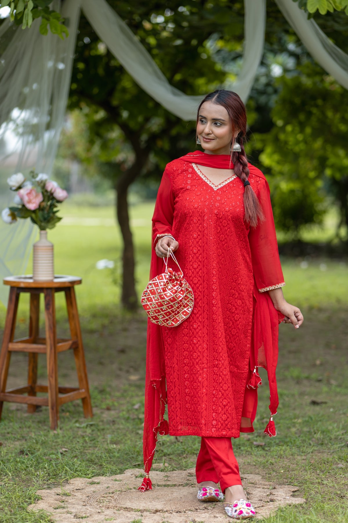 Elegant Red Embroidered Traditional Kurta Set with Potli Bag