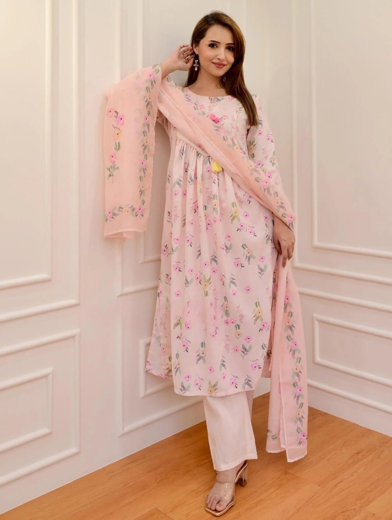 Pink Cotton Anarkali Long Gown Kurti Pant and Dupatta Set