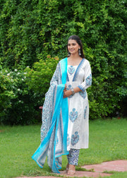 Block Printed White & Blue Cotton Straight Suit with Embroidered Neck Detailing