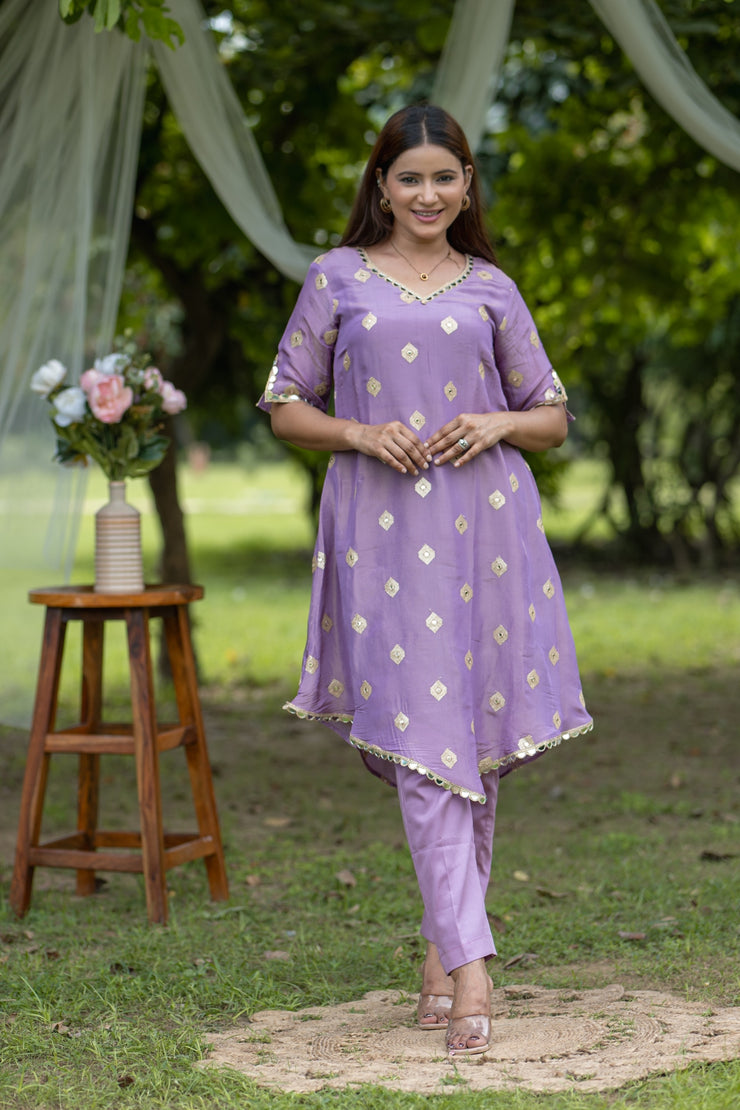 Lavender Gold Block-Printed Kurta Set