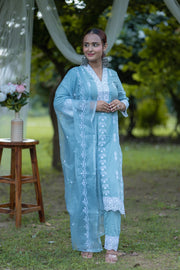 Vibrant Carolina Blue Embroidered Cotton Suit