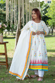 Handmade White Cotton Anarkali Gown Kurti Pant Dupatta Set - Women's Floral Print Ethnic Wear