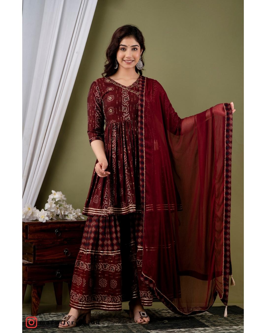 Wine Muslin Embroidered Sharara with Dupatta Set - Elegant Ethnic Ensemble