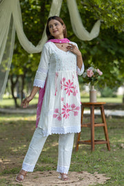 Soft White Floral Embroidered Cotton Kurta Set with Pink Accents