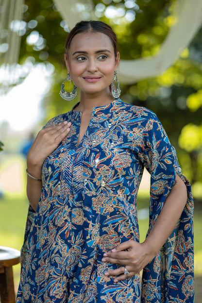 Blue Floral Printed Cape-Style Cotton Kurta Set