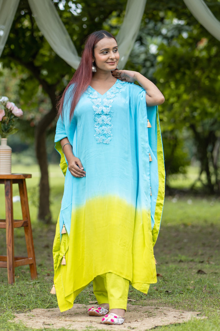 Elegant Tie-Dye Blue & Lime Kaftan Set with Embroidered Detail