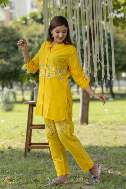 Vibrant Yellow Cotton Embroidered Coord Set