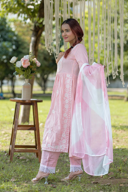 Soft Pink Embroidered Cotton Anarkali Suit