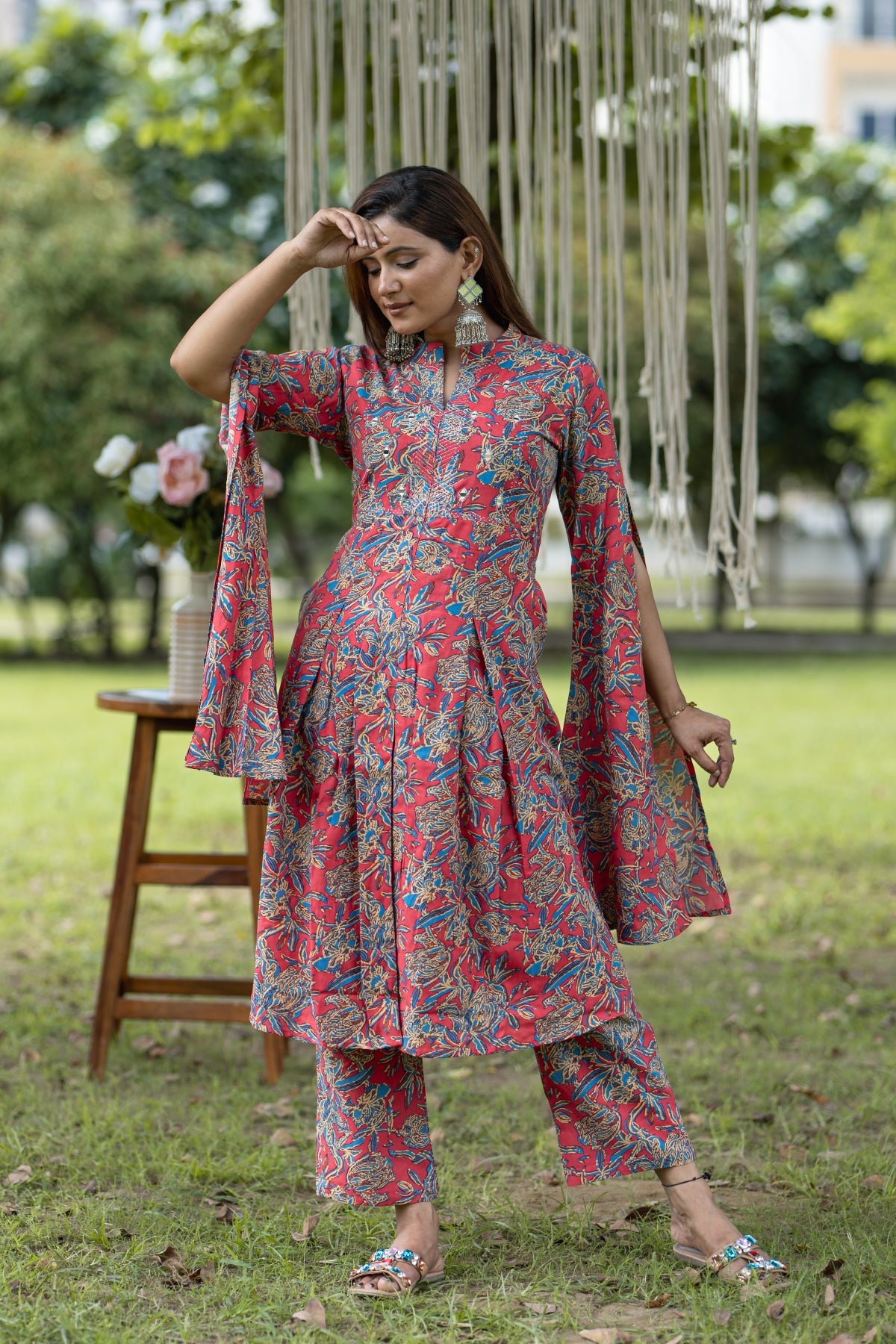 Red Floral Printed Cape-Style Cotton Kurta Set