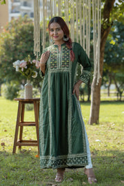 Women's Embroidered Viscose Rayon Anarkali Suit & Pant - Dark Green