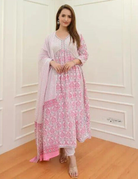 Pink White Alia Embroidered Cotton Suit Set with Pants & Dupatta