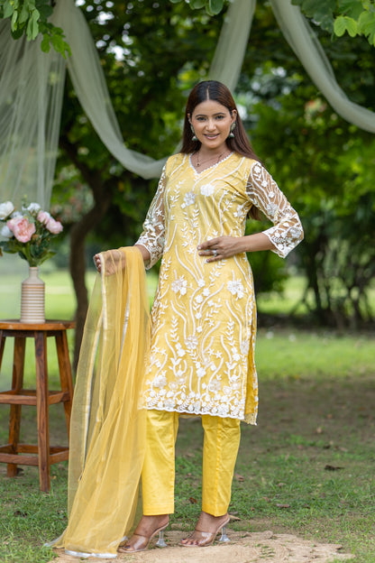 Bright Yellow Embroidered Kurta Set with Sheer Dupatta