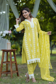 Vibrant Greenish Beige Embroidered Cotton Suit