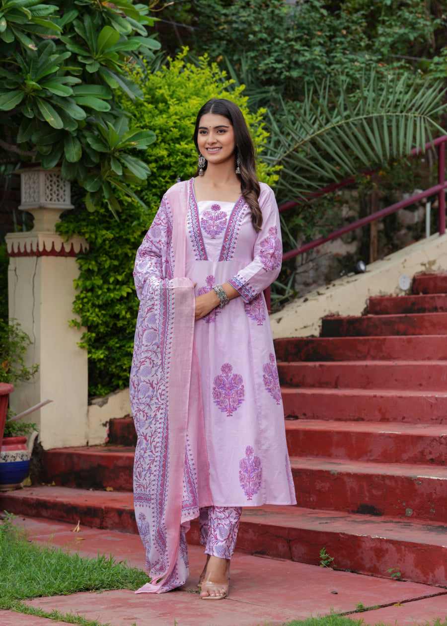 Block Printed Purple Cotton Straight Suit with Embroidered Neck Detailing